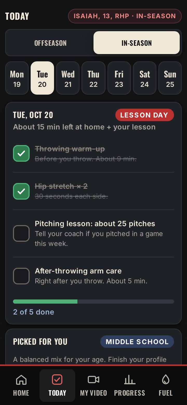SIXTY6 Today screen on a phone: the week strip and a lesson day plan with warm up and hip stretch checked off