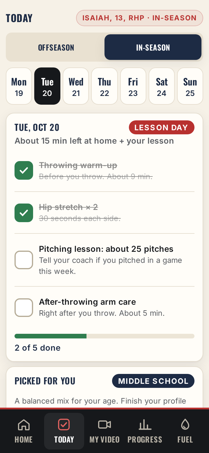 SIXTY6 Today screen on a phone: the week strip and a lesson day plan with warm up and hip stretch checked off